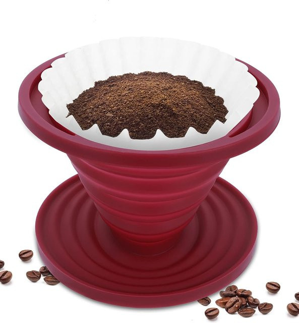 Leeseph Zusammenklappbarer Pour-Over-Kaffeefilter aus Silikon für Campingkaffee, Rot - Bild 1