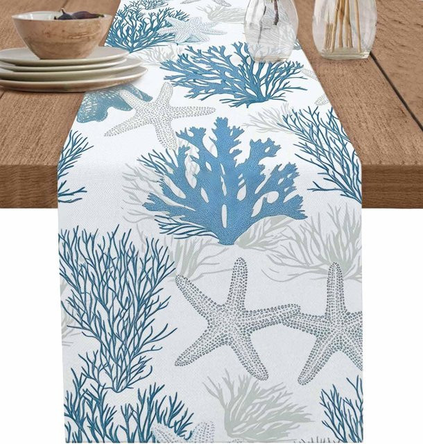 JINGYUE Pet Tischläufer aus Leinen mit Sommer Strand Motiv in Koralle und Weiß, B/H: 150 x 33 cm - Bild 1