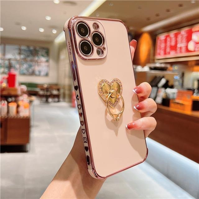 Luxus Handyhülle mit Liebesherz-Muster und Diamant-Ringhalter für iPhone 15 16 Pro Max sowie iPhone 11 12 13 14 XR XS Max 7 Plus in Pink - Bild 1