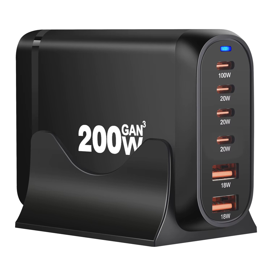 Deepartner 200W GaN Tischladegerät mit 6 USB-Ports, USB Typ C PD Fast Charge 3.0 Schnellladegerät, Schwarz - Bild 4