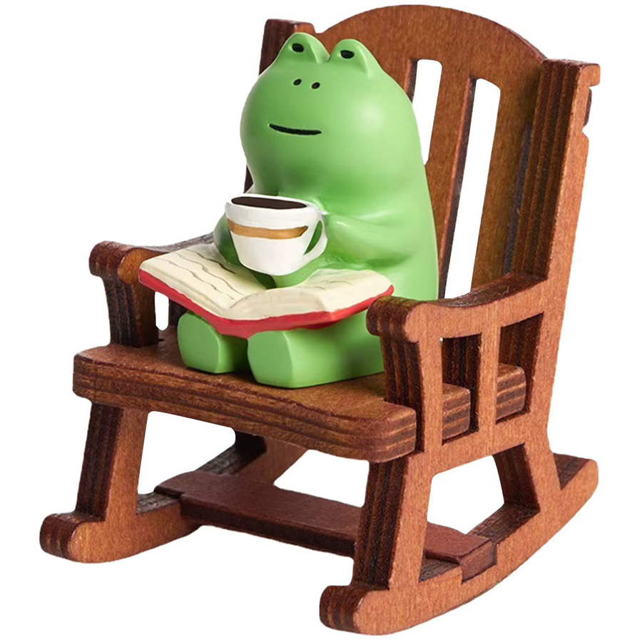 Shunmaii Mini-Frosch-Harzfigur in Grün mit Schaukelstuhl, Buch und Kaffee als Deko-Ornament für dein Zuhause oder Auto - Bild 2