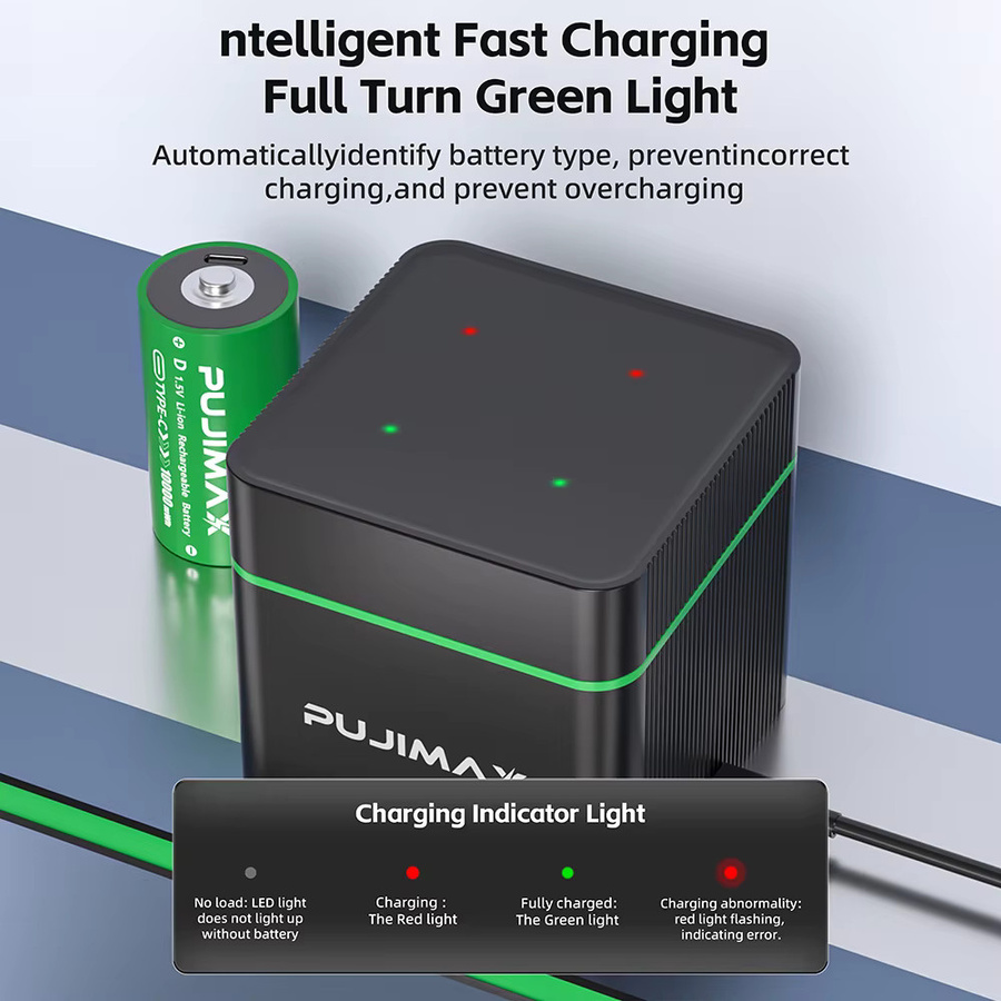 PUJIMAX Wiederaufladbare D-Größe Batterien LR20 mit 4-Slot-Ladegerät, 1,5V Li-Ionen Akku-Set, 10000mWh, Farbe: Grün - Bild 2