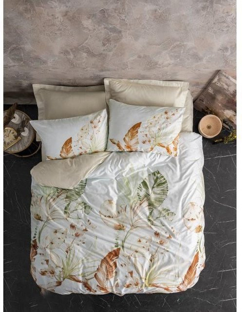 Bettwäsche-Set aus Mako-Satin aus 100% Baumwolle mit floralem Naturmuster in Beige, bestehend aus 1 Bettbezug (Breite: 220 cm, Höhe: 240 cm) und 2 Kissenbezügen (60 x 80 cm) - Bild 1