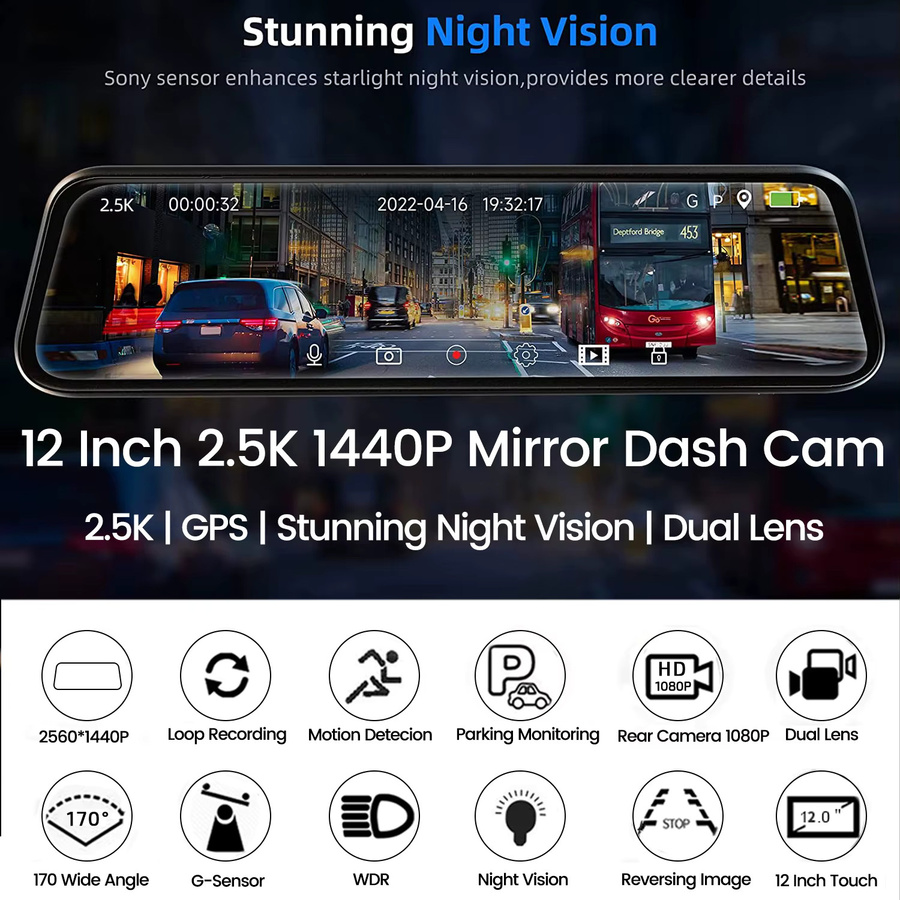 ACCEO Dashcam mit 12-Zoll-Touchscreen als Auto-Rückspiegel Videorecorder inklusive Sony-Rückfahrkamera in Schwarz - Bild 2