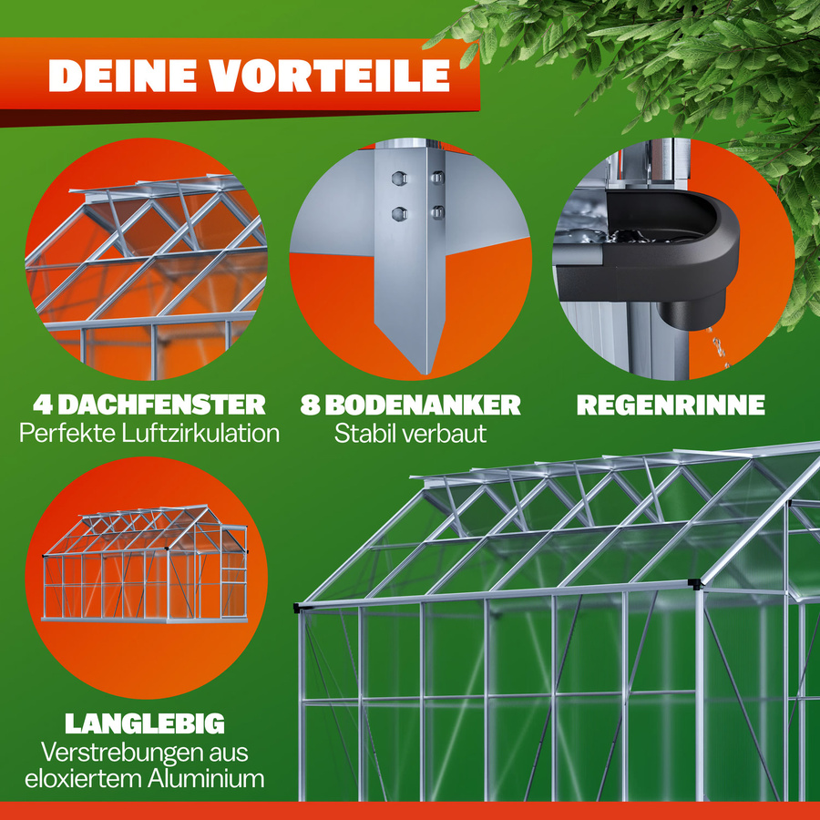 Gardebruk Alu Gewächshaus mit Fundament und Polycarbonat-Verglasung in Silber, B/T/H: 380 x 190 x 195 cm - Bild 2