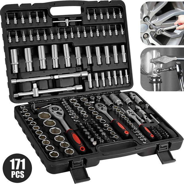 171-teiliges Steckschlüssel Set mit Ratsche, Drehmomentschlüssel und Schraubendreher-Bits für Auto Reparaturen in Schwarz und Silber - Bild 1