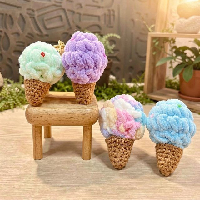 XINYOUHUO Schlüsselanhänger, Garn-Strick, Eiscreme, Cartoon-Eiswaffel-Paar - Bild 1