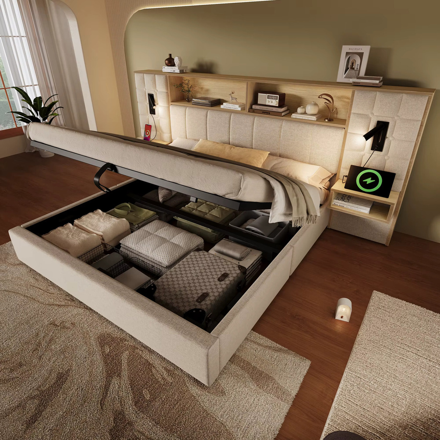 KOMHTOM Leinen-Systempolsterbett mit Stauraum, LED-Beleuchtung, 2 Leselampen, 2 integrierten Nachttischen und USB-Typ-C-Ladeport, Farbe: Beige oder Grün, B/T/H: 180 x 200 cm - Bild 3