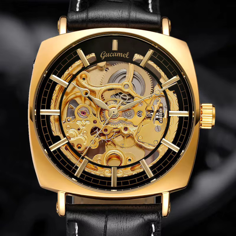 GUCAMEL Armbanduhr Automatik, Gold, Eckig, Leder, Schwarz, Herren - Bild 2