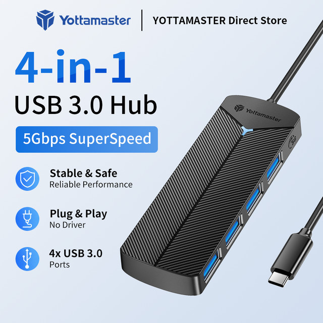Yottamaster 4-in-1 USB 3.0 Hub und USB-C Adapter, 5 Gbit/s Erweiterungsdock für PC und iOS, Schwarz - Bild 1