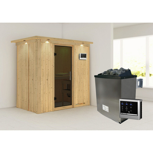Karibu Sauna Pärnu aus Fichtenholz in Beige inklusive 9 kW Saunaofen mit externer Steuerung für 2 Personen B/T/H: 210 x 132 x 202 cm - Bild 2