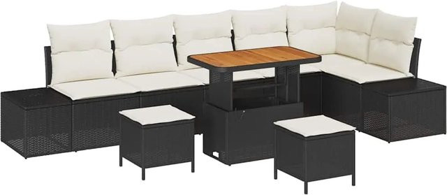 vidaXL Garten-Sofa-Set 9-teilig aus Poly-Rattan und Stahl in Schwarz mit Kissen und Tisch - Bild 1