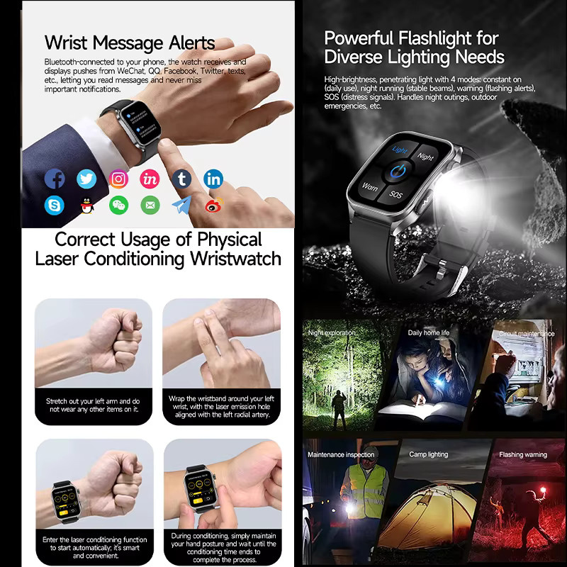 Yaocx Smartwatch mit 650nm Lasertherapie zur Blutdruckmessung, Harnsäure- und Lipid-Diagnose sowie Herzfrequenzmessung für Männer und Frauen, Schwarz, iOS-kompatibel - Bild 5