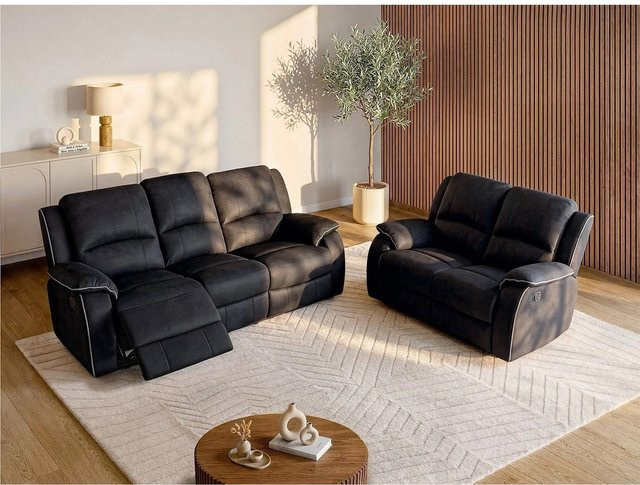 Vente-unique Couchgarnitur Hernani aus Microfaser in Schwarz bestehend aus 2-Sitzer und 3-Sitzer mit Relaxfunktion - Bild 1