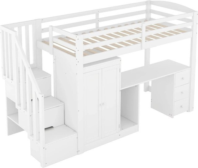 okwish Hochbett mit Schreibtisch und Kleiderschrank in Weiß, B/T/H: 90 x 200 x 251 cm - Bild 1