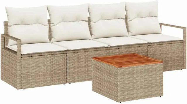 vidaXL Garten-Sofa-Set aus Polyrattan in Beige mit Kissen, 5-teilig, UV-beständig - Bild 1