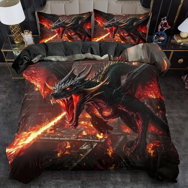 3-teiliges Wildes Feuerdrachen Bettwäsche-Set mit 3D-Drachen-Print in Schwarz, bestehend aus Bettbezug und Kissenbezügen aus Mikrofaser, B/H: 135 x 200 cm - Bild 1