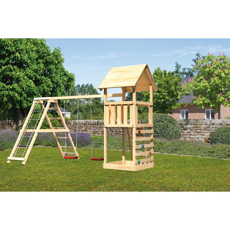 Karibu Spielturm Lotti mit Doppelschaukelklettergerüst und Kletterwand - Bild 2