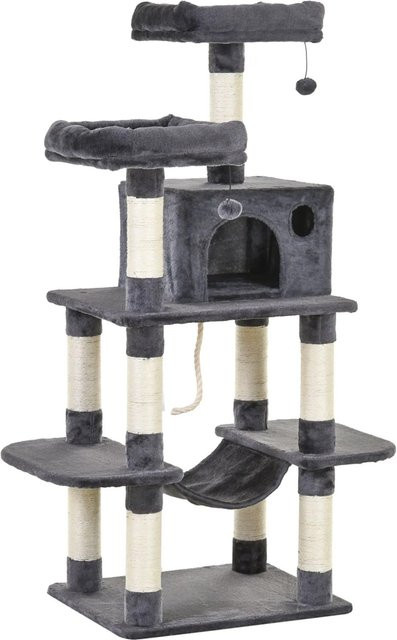 PawHut Katzenbaum Dunkelgrau mit Katzenhaus, Hängematte, Sisalsäulen und Spielzeug, H x B x T: 144 x 60 x 48 cm - Bild 1