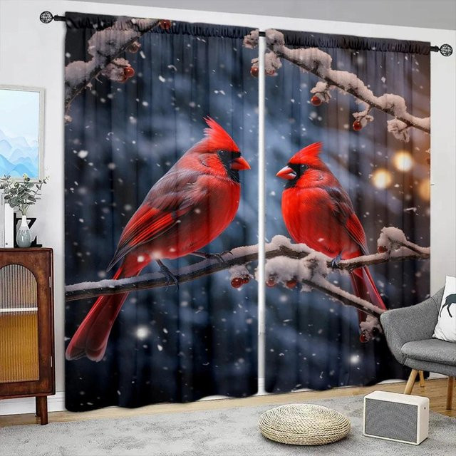 2er-Set Kardinal bedruckte Vorhänge in Grau, halbtransparent mit Naturmotiv für Wohnzimmer, Schlafzimmer und Büro, B: 52,5 cm, H: 116 cm - Bild 1