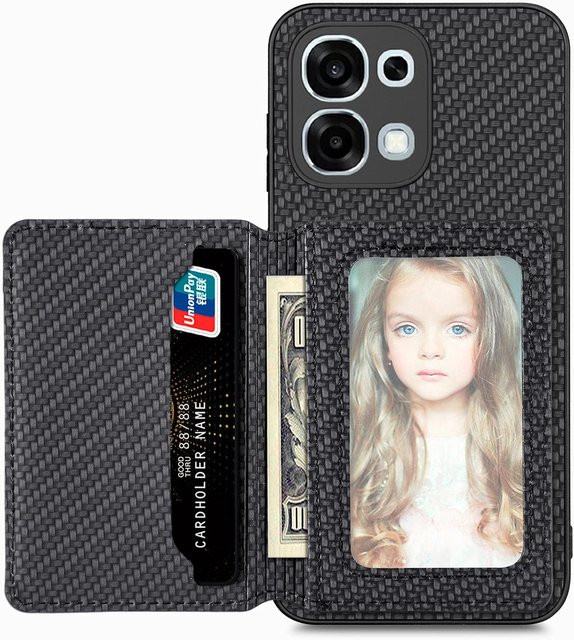 Magnetische Lederhülle für OPPO A6 Pro und OPPO A6 mit Kartenhalter und Ständerfunktion in Schwarz mit Carbonfaser-Design - Bild 1