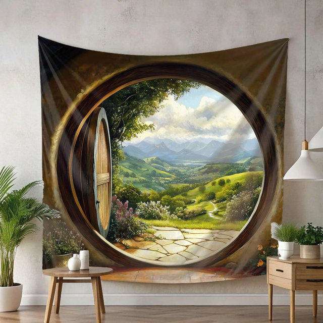 VIKAMA Hobbit Shire Rundfenster Wandteppich mit Welt-Hintergrundtuch in Multicolour zur Raumdekoration - Bild 1