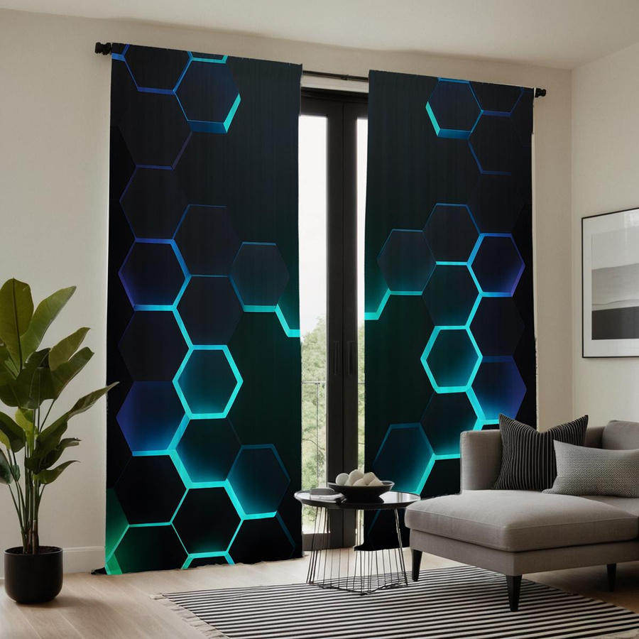 2er-Set dekorative Vorhänge mit geometrischem Hexagon-Muster und digitalem Print in Schwarz, B: 132 cm, H: 160 cm - Bild 3