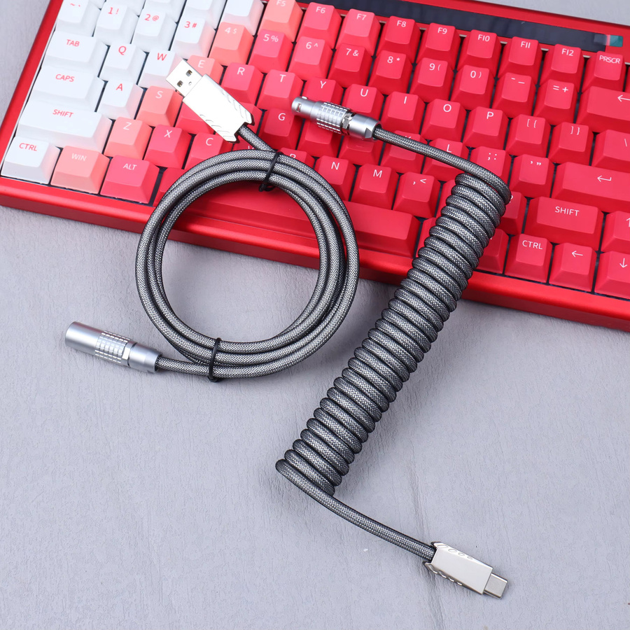 LANO Spiralkabel für Gaming-Tastaturen, Typ-C auf USB-A, abnehmbares Metall-Aviator-Kabel mit GX12-Stecker und doppelter Ummantelung, Farbe: Lila - Bild 2