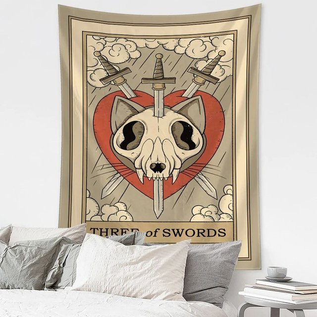 VIKAMA Dark Mystical Tarot Wandteppich Drei der Schwerter mit Katzenschädel-Muster, Mehrfarbig, B: 60 cm, H: 40 cm - Bild 1