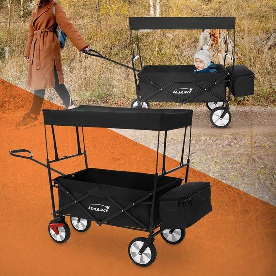 HAUKI Bollerwagen faltbar mit Dach und Tasche in Schwarz, Transportwagen bis 80 kg für Kinder, Camping und Garten - Bild 1