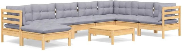 vidaXL 9-tlg. Garten-Lounge-Set aus massivem Kiefernholz in Braun-Grau mit grauen Polstern - Bild 1