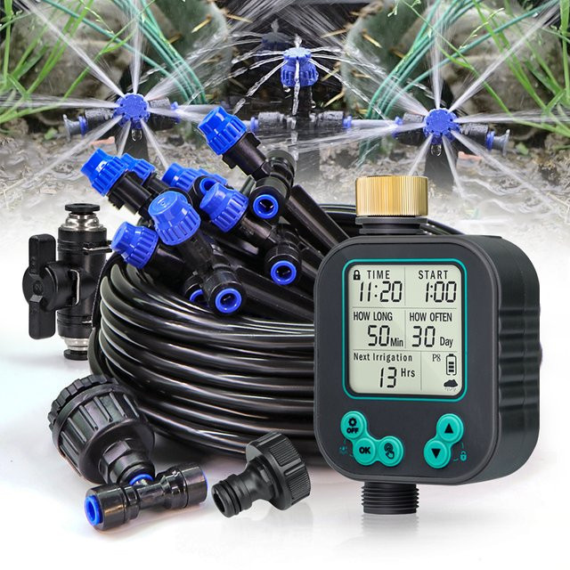 MUCIAKIE Gartenbewässerungssystem mit LCD-Timer, Regensensor und verstellbaren Sprinklern sowie Tropfern in Schwarz - Bild 1