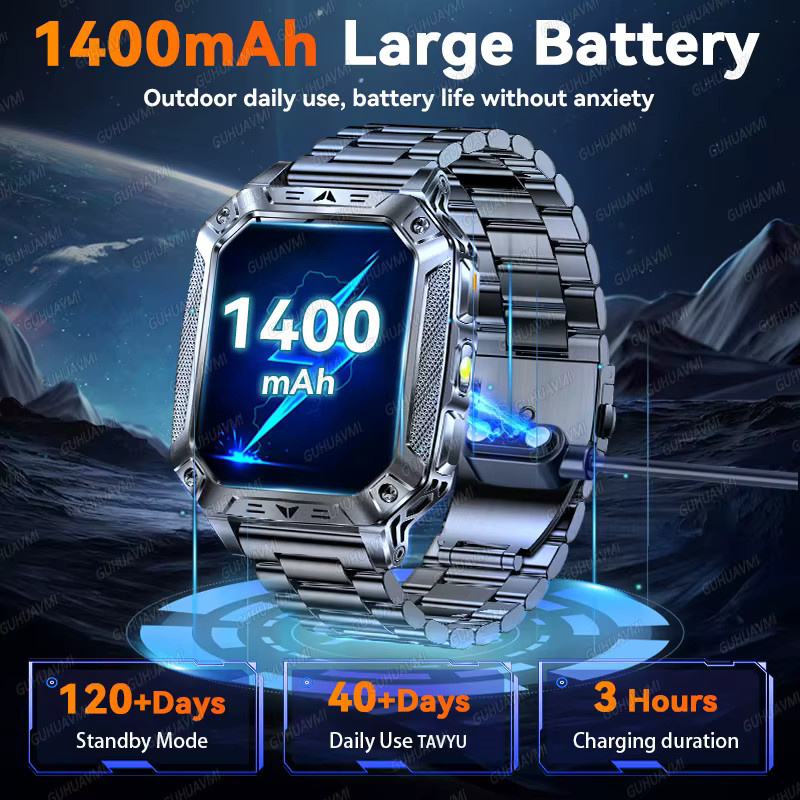 GUHUAVMI Militärische Outdoor Ultra-Sport-Smartwatch für Herren mit Bluetooth-Anruf, 5ATM wasserdicht und Rotlicht-Taschenlampe, Blau - Bild 3