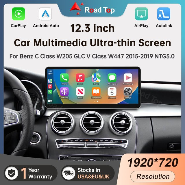 Road Top 12,3 Zoll Multimedia-Display mit kabellosem CarPlay für Mercedes-Benz GLC A C V Klasse W205 W176 W447 CLA GLA G Klasse W463 NTG5.0 in Schwarz - Bild 1
