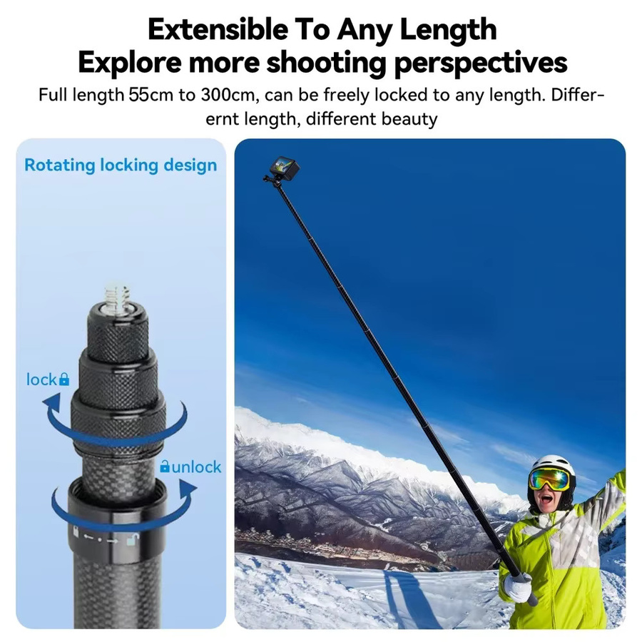 3M Carbon Fiber Selfie Stick aus Aluminiumlegierung in Schwarz für Insta360 X 4/5/ONE/RS und GoPro Hero 11 10 9 8 sowie DJI OSMO Action, 3m Länge - Bild 4