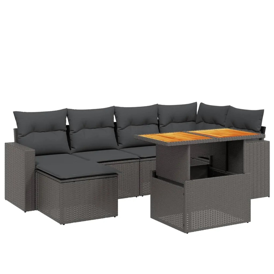vidaXL 7-tlg. Garten-Sofagarnitur in L-Form aus Poly-Rattan und Akazienholz in Schwarz mit Kissen - Bild 2