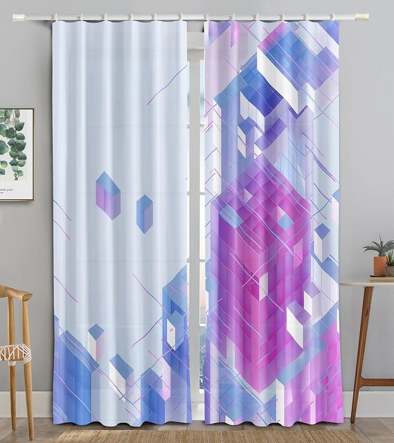 Yiran Furniture Verdunkelungsvorhang mit 3D-Illustration abstrakter Blockwürfel, Mehrfarbig, B: 50 cm, H: 130 cm, 2er-Set - Bild 1