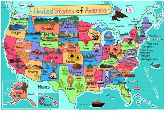 Moderne Cartoon-Weltkarte Amerika Wandkunst als Leinwandposter für Kinderzimmer und Wohnzimmer, Farbe: Blau/Mehrfarbig, Breite: 21 cm, Höhe: 30 cm - Bild 1