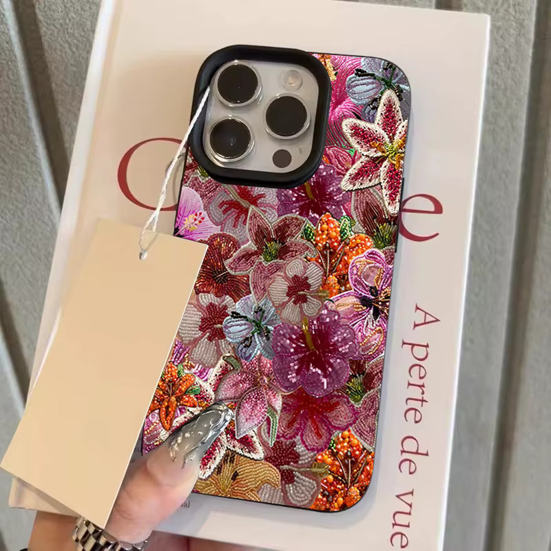 Luxuriöse Silikon-Handyhülle mit Perlen-Blumen-Design und Litschi-Textur für Apple iPhone 17 16 15 14 13 12 11 Pro Max Plus in Multicolour - Bild 5