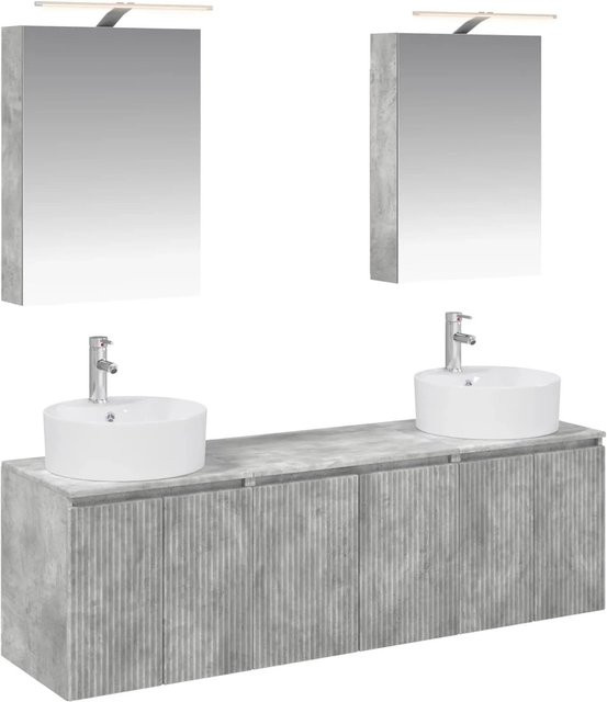 vidaXL Badezimmerschrank-Set 5-teilig in Betongrau, modern mit Waschtischunterschrank, Wandunterschrank, Spiegelschrank und LED-Beleuchtung, Material MDF, matt - Bild 1