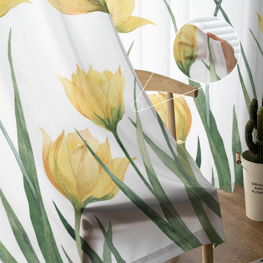 Transparente Tüll-Vorhänge mit gelben Tulpenblumen in Weiß, Organza-Fenstergardinen für Wohnzimmer und Küche, Breite: 135 cm, Höhe: 115 cm - Bild 2