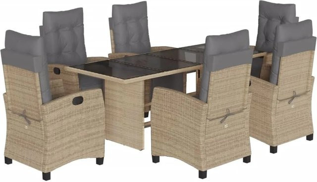 vidaXL 7-tlg Garten-Essgruppe aus PE-Rattan mit Kissen in Beige und Hartglas-Tischplatte - Bild 1