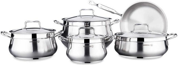 Korkmaz Estima Kochgeschirr-Set aus Edelstahl mit Glasdeckel, 9-teilig, Silber
