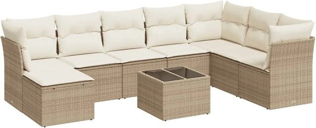 vidaXL 9-teilige Garten-Sofagarnitur in L-Form aus Poly-Rattan in Beige mit Kissen und pulverbeschichtetem Stahlgestell - Bild 1