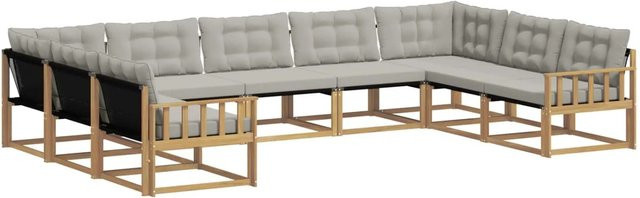 vidaXL Outdoor-Sofagarnitur 9-teilig in U-Form aus Akazienholz mit Textilene und Kissen in Weiß-Hellgrau - Bild 1