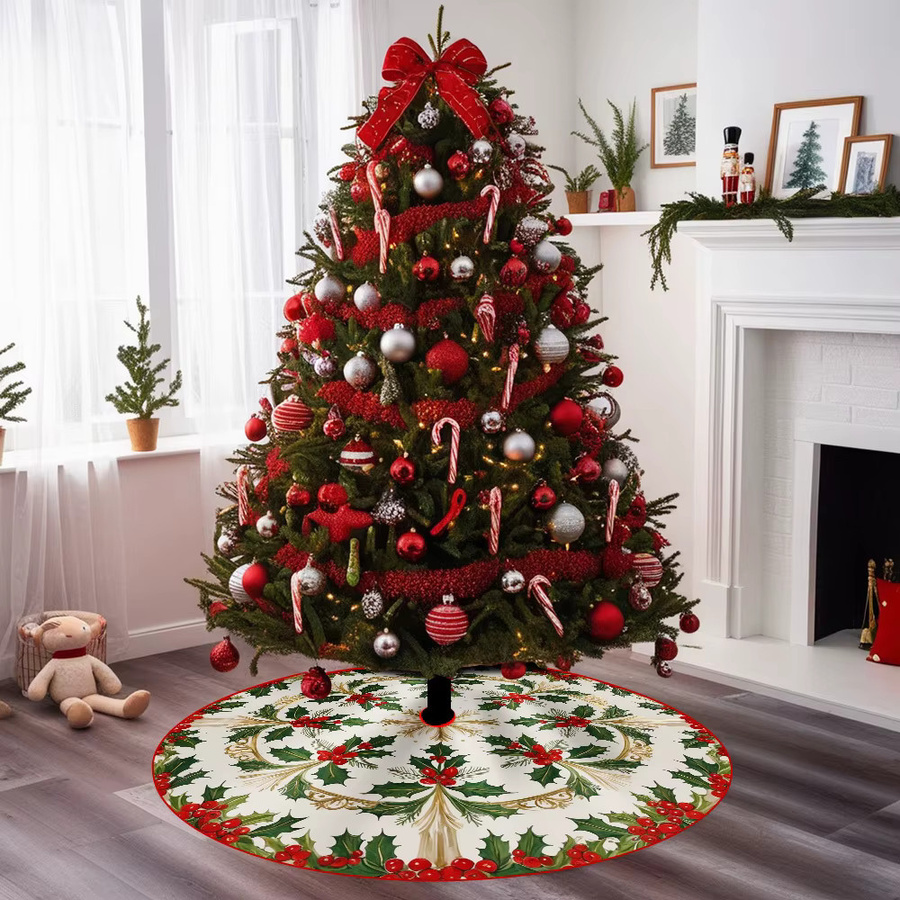 VIKAMA Weihnachtsbaumrock Holly Berry Print runde Boden-Dekoration für deinen Weihnachtsbaum - Bild 3