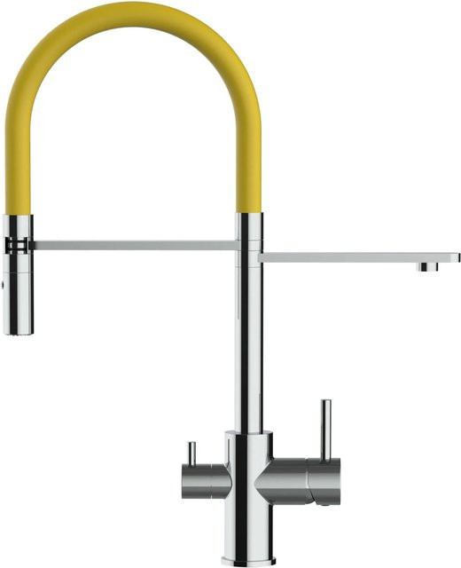 VIZIO Küchenarmatur mit 3-Wege-Wasserhahn, 360° schwenkbarer Auslauf und abnehmbarer 2-Strahl-Handbrause, Verchromt, Gelb - Bild 1
