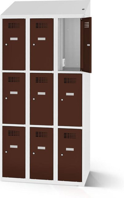 rotstahl Fächerschrank mit Ladefunktion und 9 Fächern in Mahagoni mit lichtgrauem Korpus, B: 90 cm, H: 200 cm - Bild 1