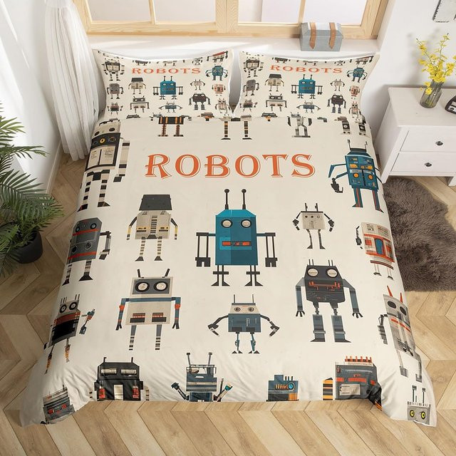 Flylo Bettwäsche Set Cartoon Roboter Aquarell Design für Kinder, Bettdeckenbezug und Kissenbezug aus Polyester, Weiß, B: 140 cm, H: 210 cm - Bild 1