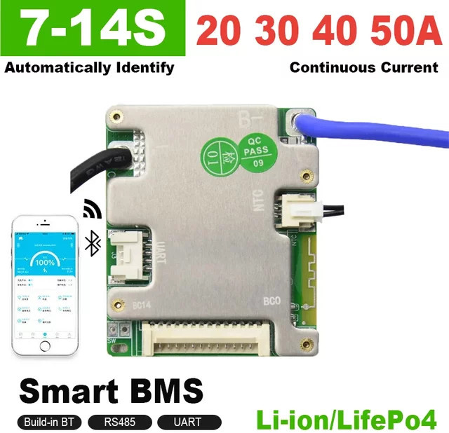 JBD Smart BMS Batteriemanagementsystem mit Bluetooth und UART für Li-Ion und LiFePo4 Akkus, 7-14S, 24V 36V 48V - Bild 1
